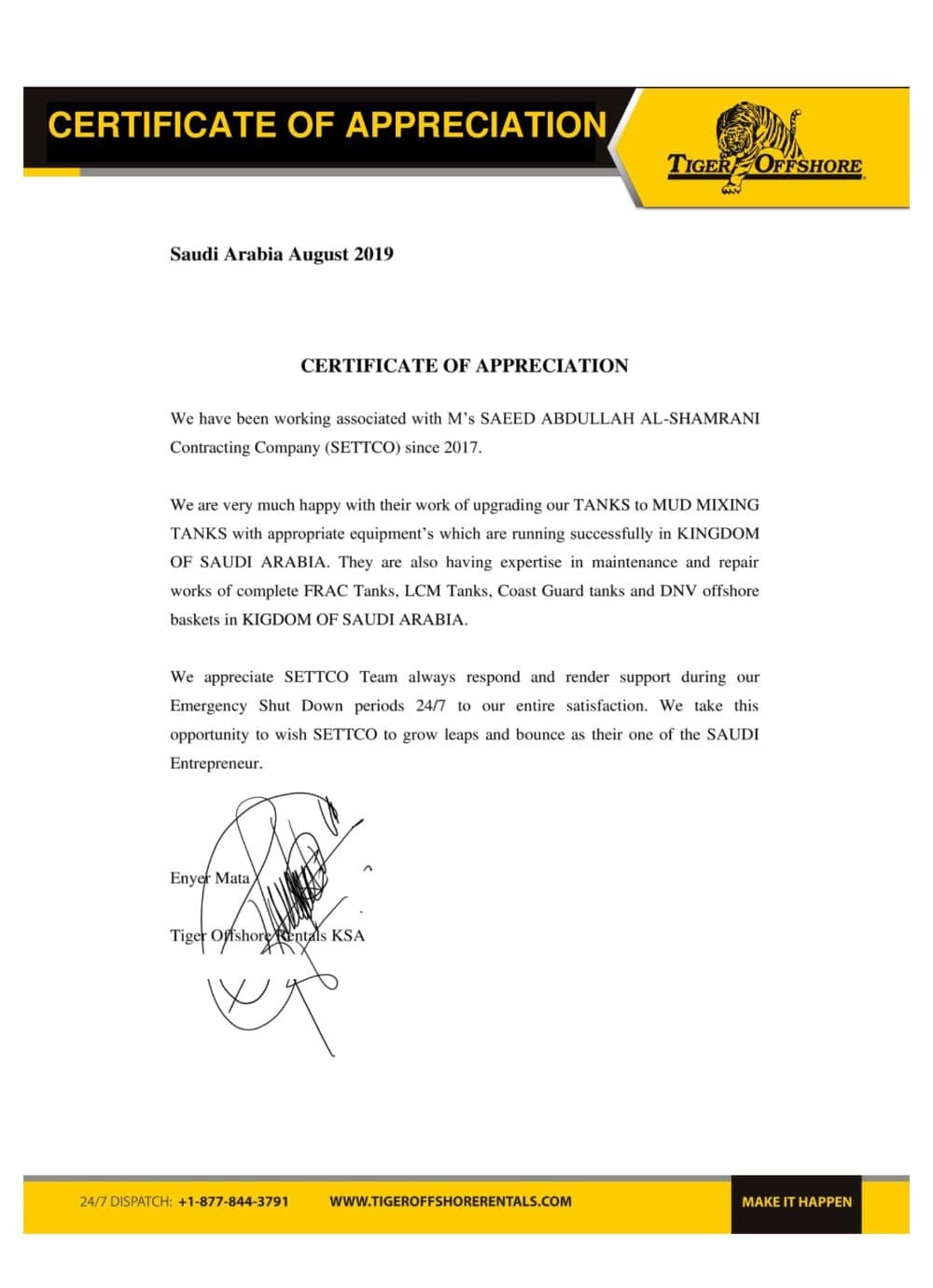 Certificate of appreciation issued to SETCCO by Tiger Offshore Rentals, Saudi Arabia, August 2019