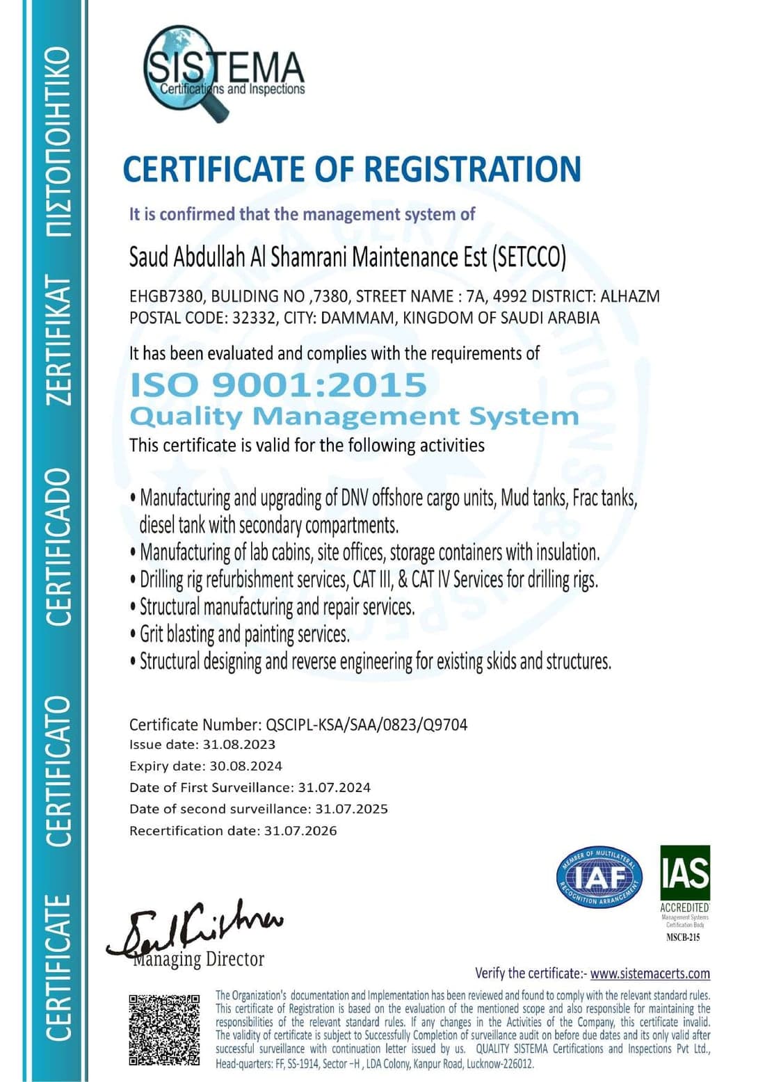 ISO 9001:2015 certificate of registration, published in full